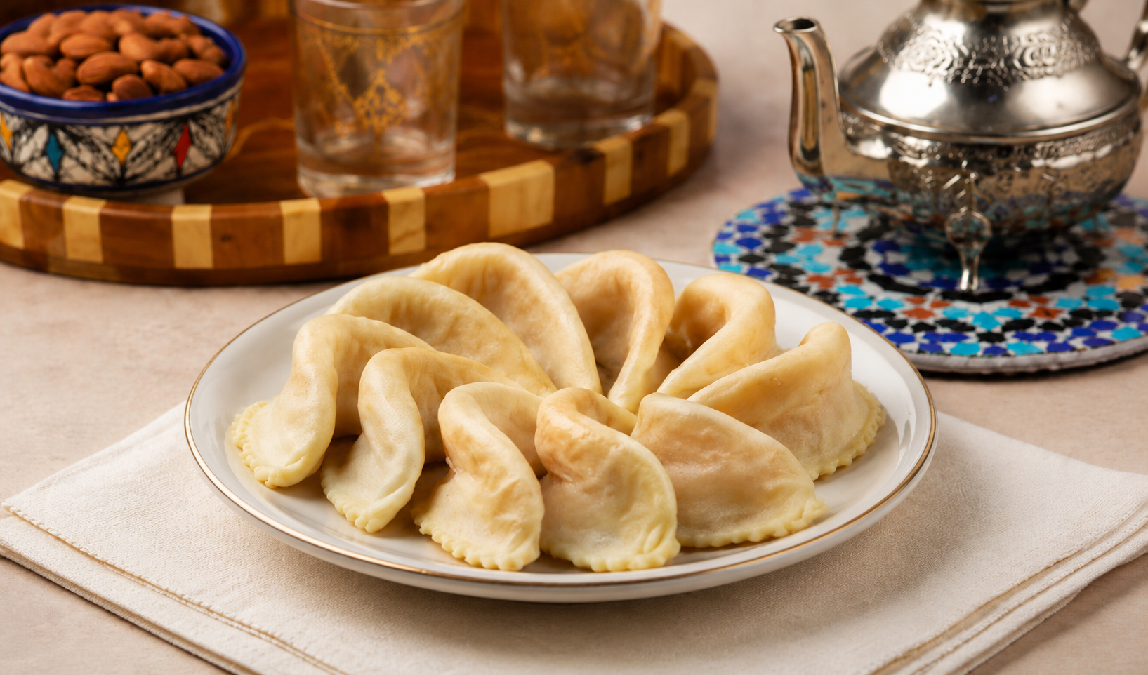 Gazelle horn pastries served with mint tea and almonds